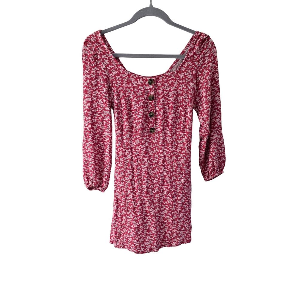 American Eagle Floral Mini Dress Womens Small Red Ditsy Square Neck Button Front